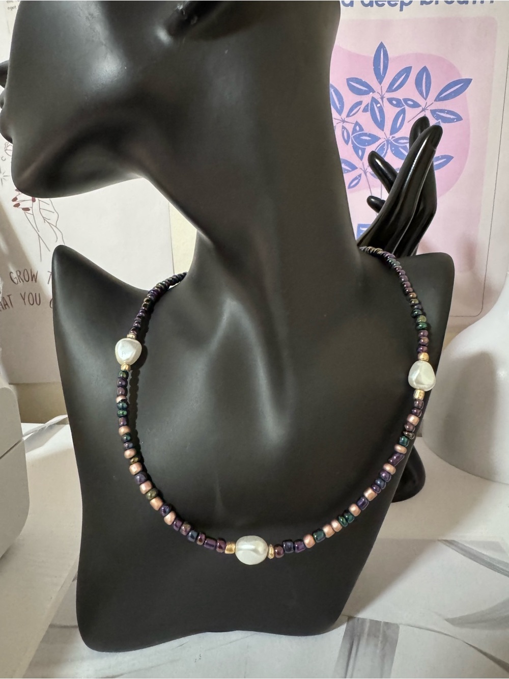 Handmade Iridescent Pearl Accent Necklace - Purple